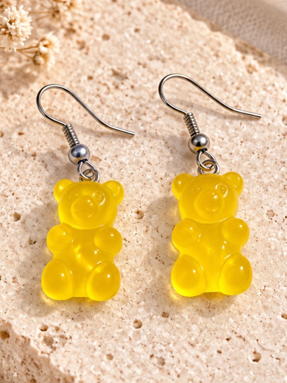 Yellow Gummy Bear Dangle Earrings | Silver Tone